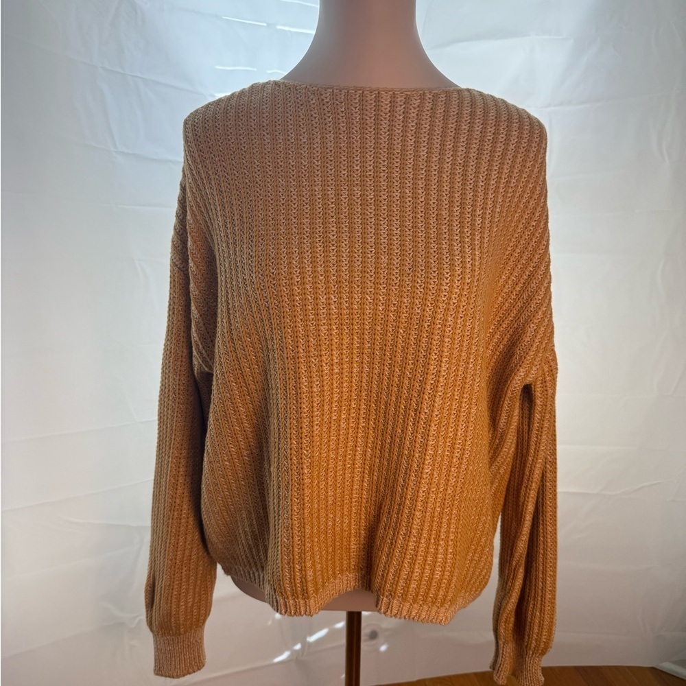 Hem & Thread Yellow Orange Crew Neck Sweater with Ribbed Texture